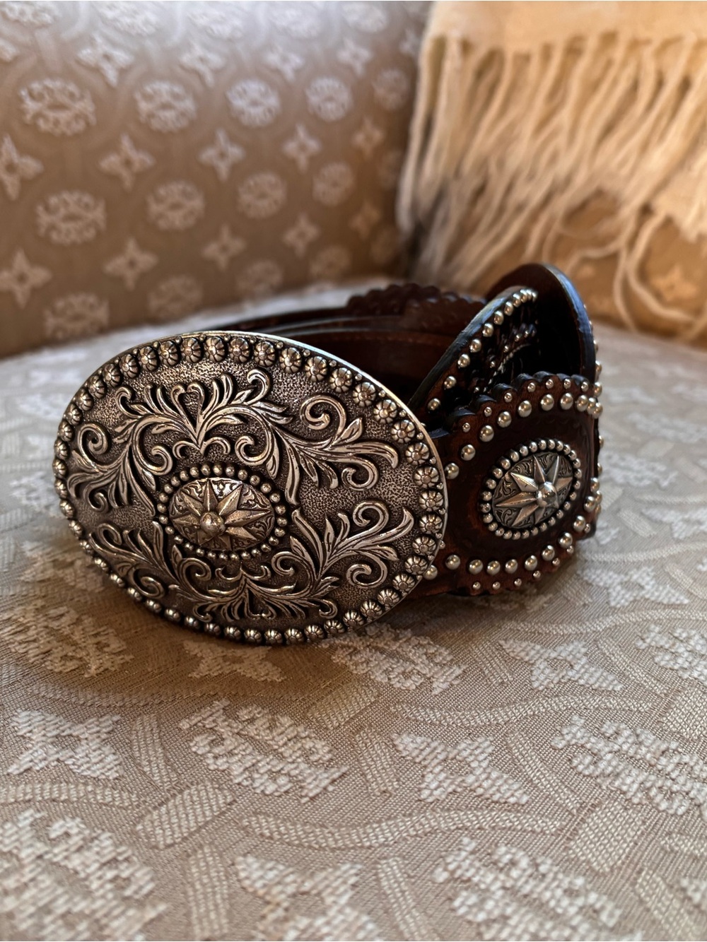 Justin Boots Brown Leather Western Belt with Ornate Silver Buckle